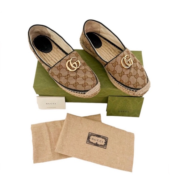 Gucci Shoes - Gucci Pilar GG Supreme Canvas Espadrilles Brown Logo Marmont Flat Slip on EU 38
